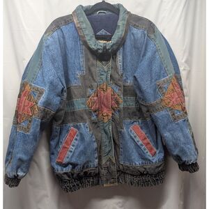 Vtg 90s IZZI Southwestern Aztec Patchwork Denim Bomber Jacket XL 2XL Oversized